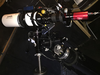 The Esprit 100 mounted with camera and filter wheel attached.